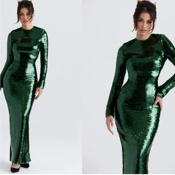 HOUSE OF CB 'Belle' Pine Green Sequin Maxi Dress - Picture 3 of 7